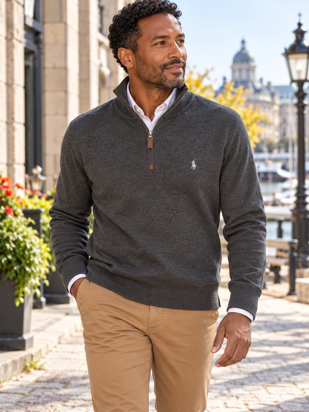 Polo Ralph Lauren Cotton Quarter Zip Sweater Charcoal Men's L Leather Pull